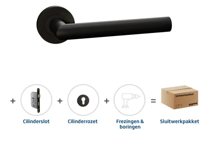 Cilinderslot pakket zwart deurkruk Aquarius cilinderrozet Pavo cilinderslot met RVS slotplaat
